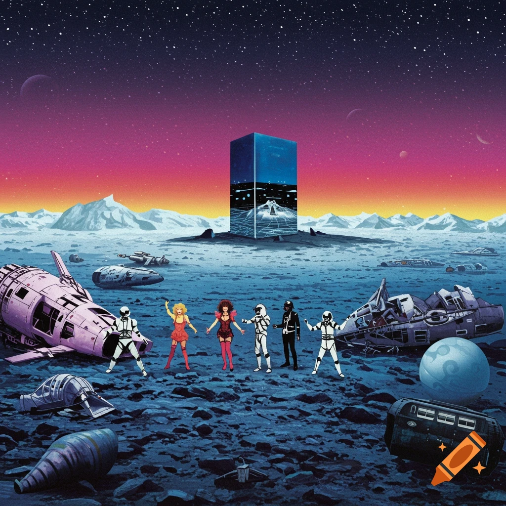 A vibrant retro sci-fi scene on an alien planet with crashed ships, astronauts, and characters resembling Rocky Horror Picture Show, under a pink and orange sky.