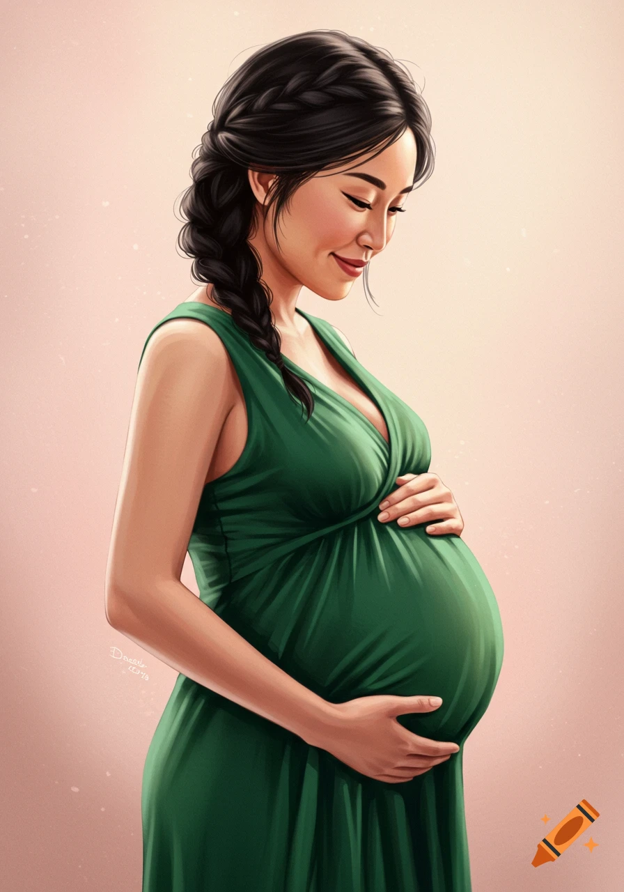 An illustration of a smiling pregnant woman in a green dress gently holding her belly, looking down.