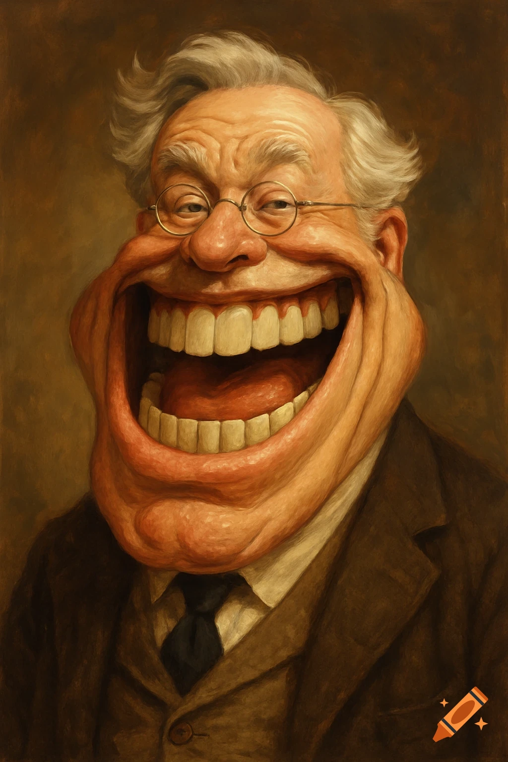 A comical painting of an older man with glasses, white hair, and a suit, laughing with an extremely wide-open mouth showing many teeth.