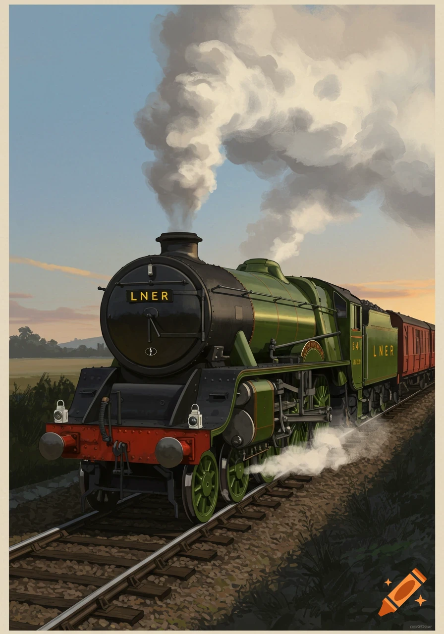 A green LNER steam locomotive on train tracks, emitting smoke into a blue sky over a rural landscape, in an illustrative style.