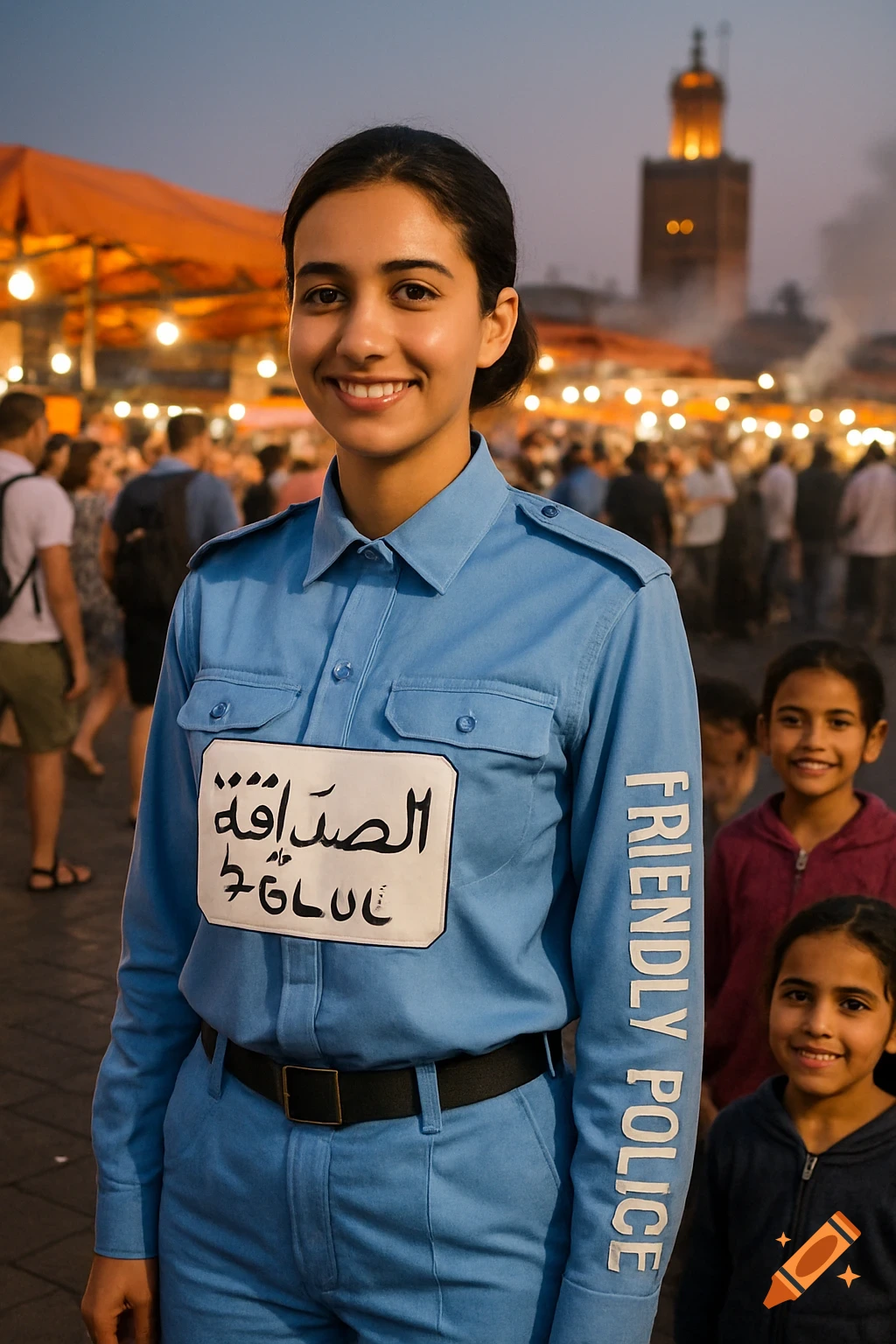 A smiling policewoman in a light blue uniform stands in a bustling Moroccan square with a tower and children in the background.