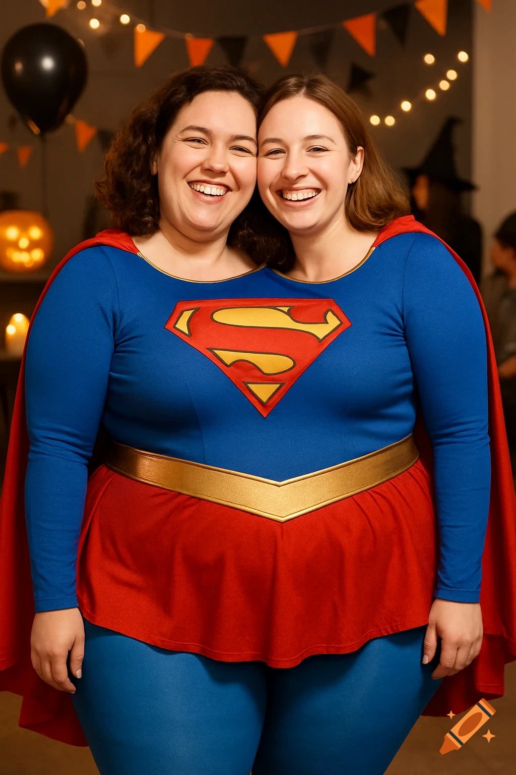 Two women in a Supergirl costume, appearing to be merged into one body, smile at a Halloween party with festive decorations.