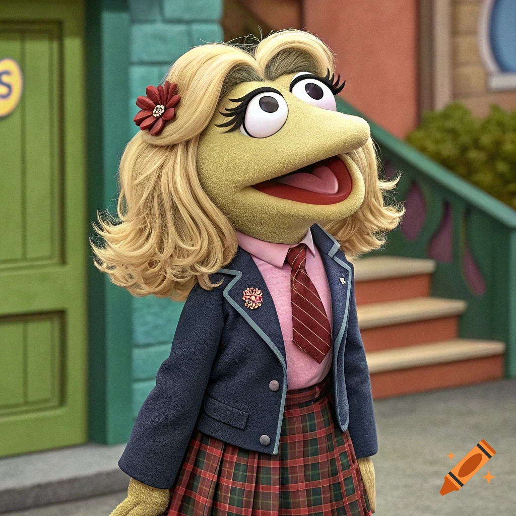 A photorealistic muppet character with blonde hair, a red flower, pink shirt, striped tie, blue jacket, and plaid skirt stands outdoors.