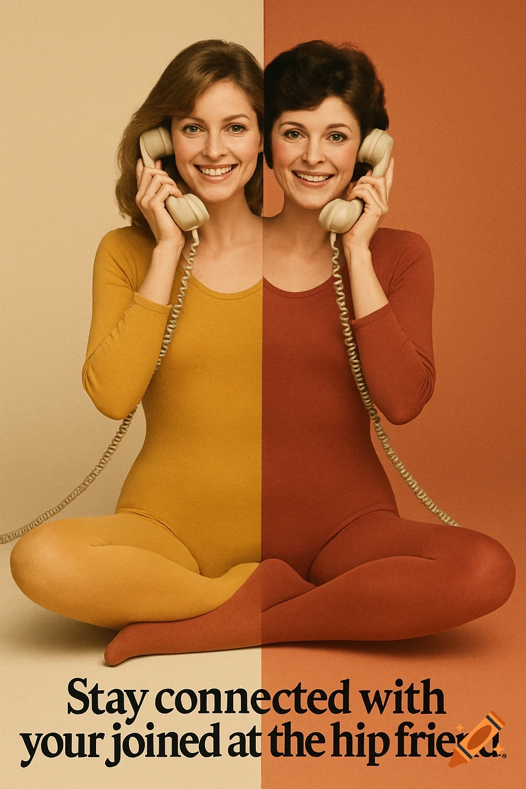Two women, conjoined at the hip, in a retro 1980s ad, wearing different colored leotards, talking on phones in a lotus pose.