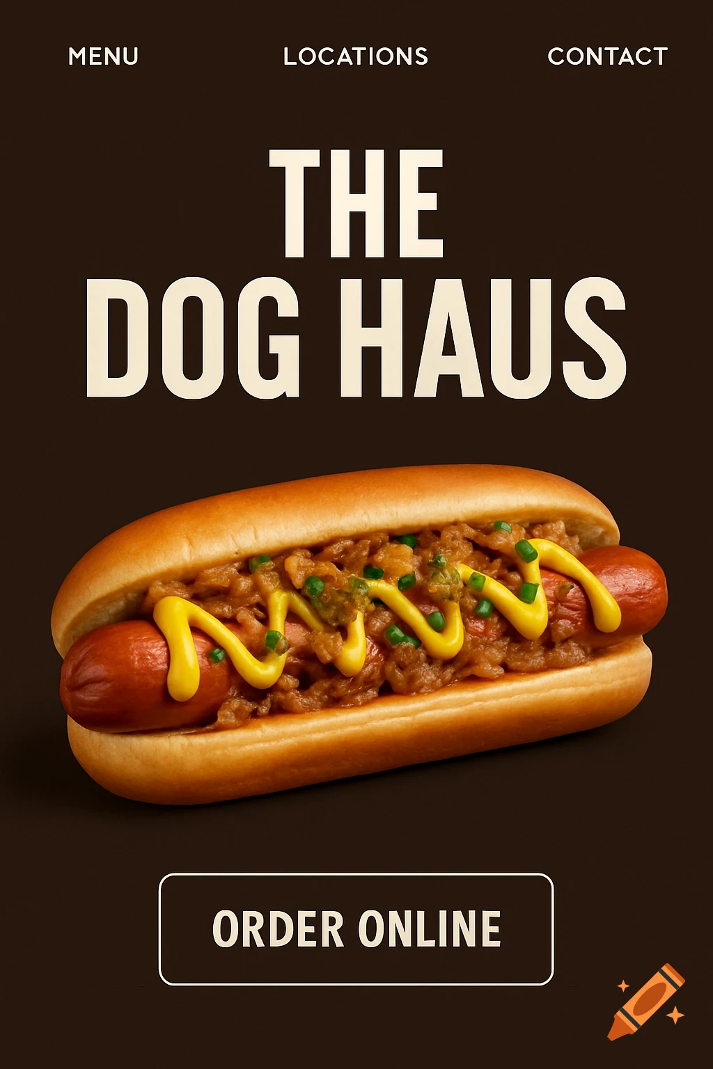A photorealistic image of a chili dog with mustard in a bun, set against a dark background, featuring webpage text overlays.