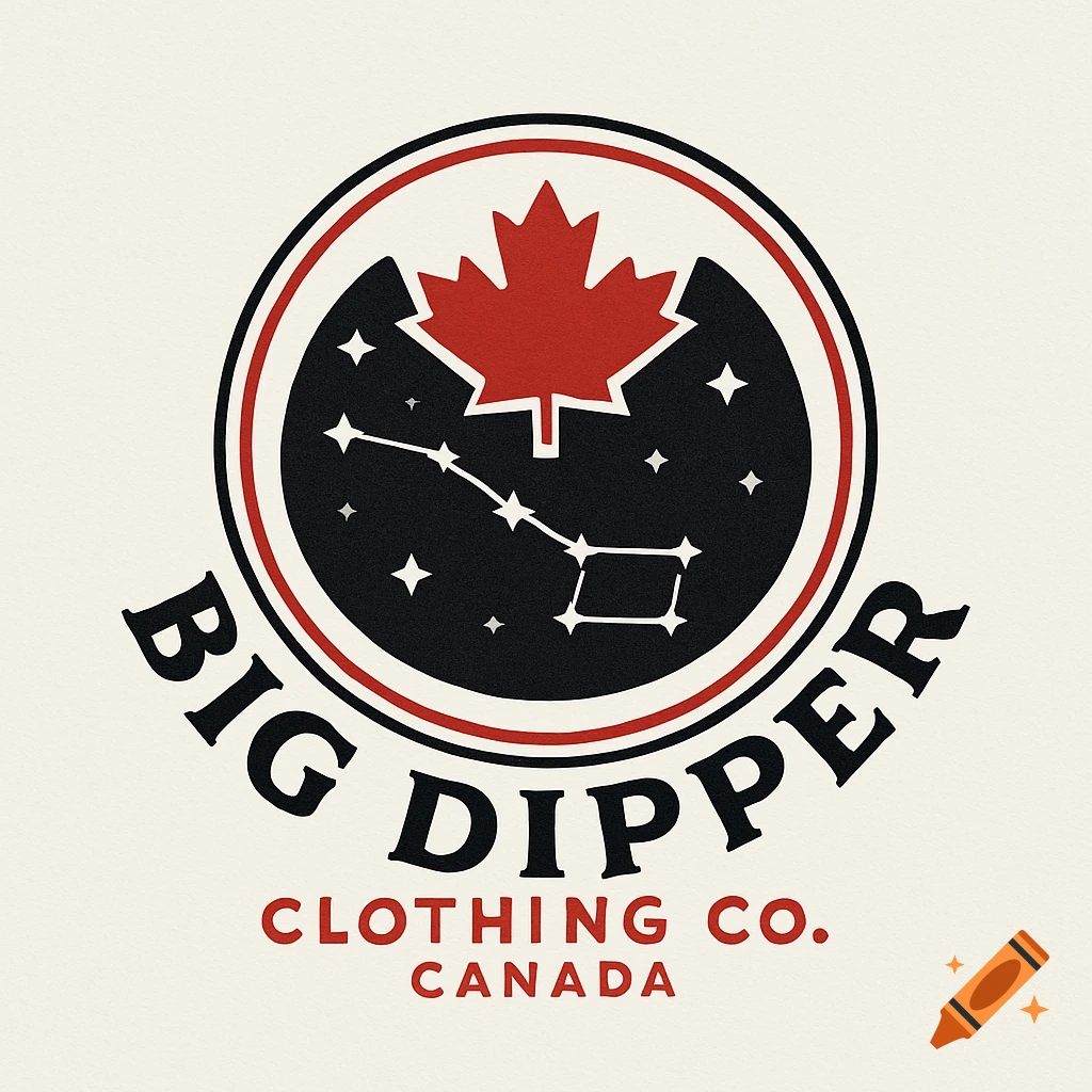 A round logo featuring a red maple leaf above a black circle with white stars forming the Big Dipper constellation. Text reads "BIG DIPPER" curved above, and "CLOTHING CO. CANADA" below.