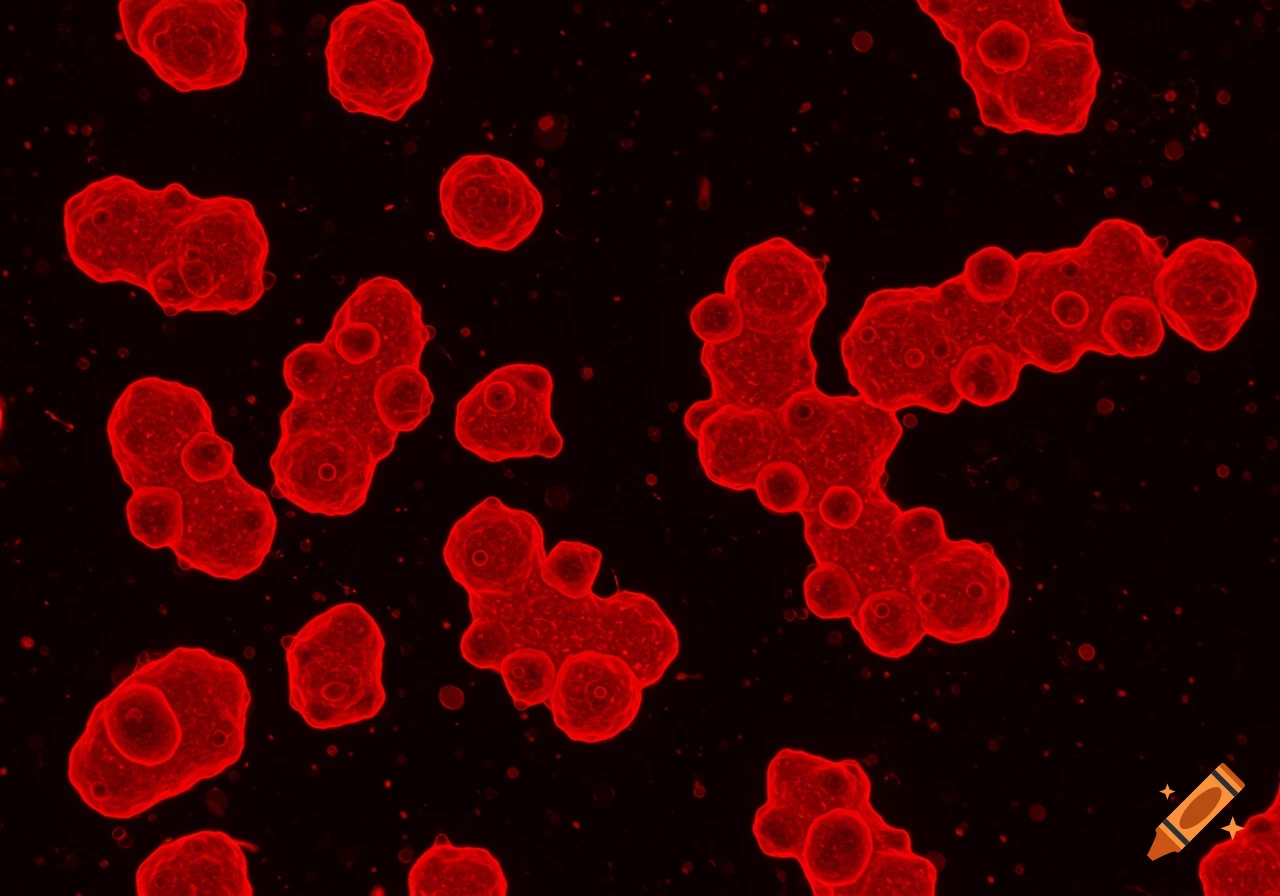 Red virus-like cells viewed through a microscope against a black background.