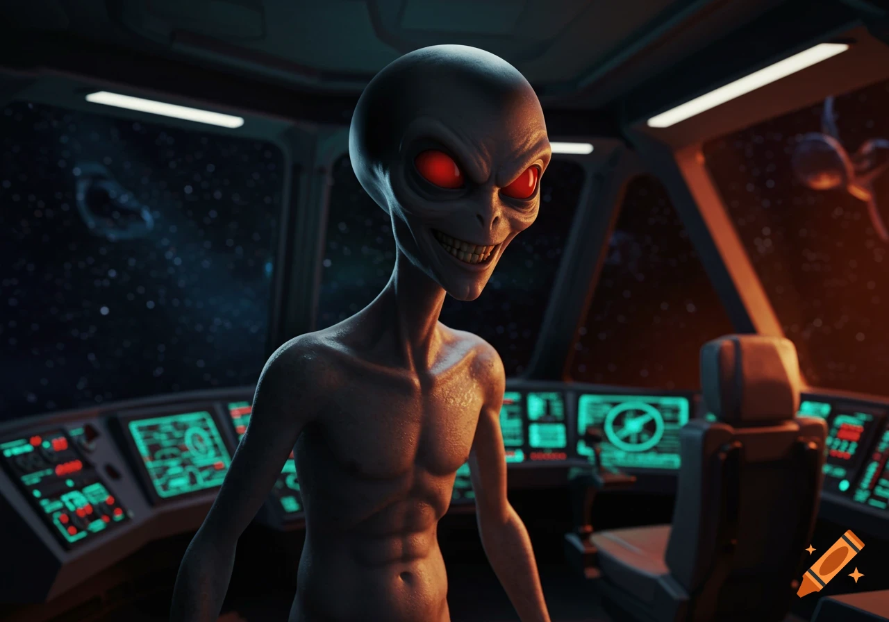 A gray, slender alien with glowing red eyes and a wide grin stands in the cockpit of a futuristic spaceship, looking out at space.