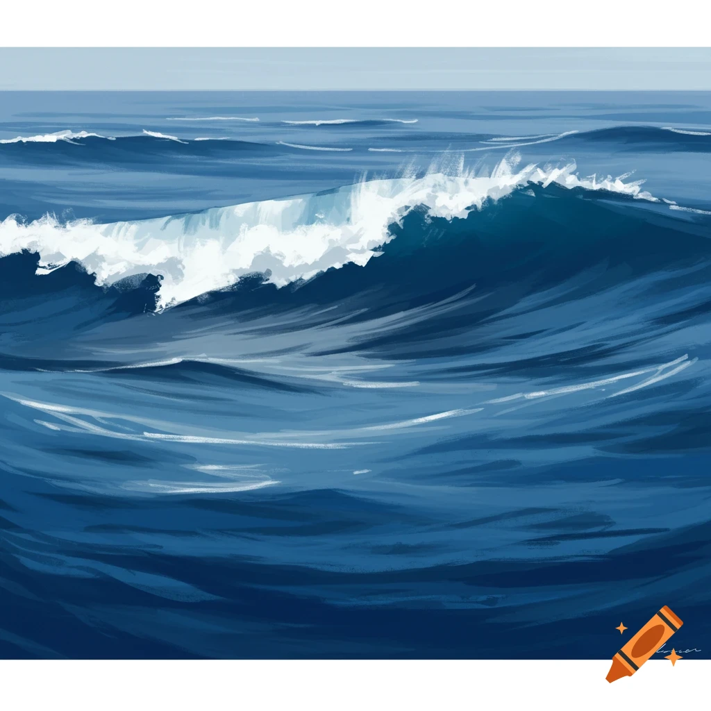 Minimalist painting of deep blue ocean waves with white crests breaking.