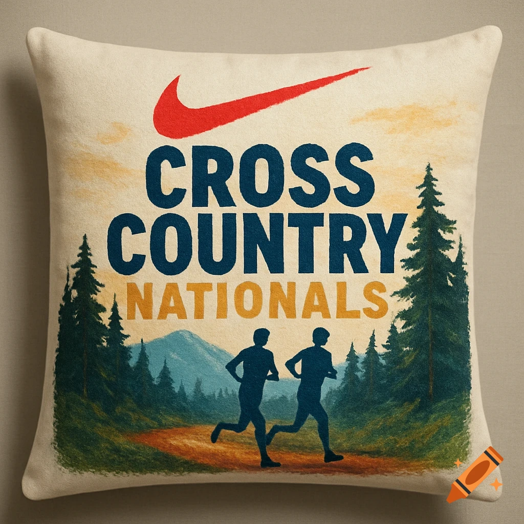 A beige pillow with Nike 'CROSS COUNTRY NATIONALS' text, a Nike swoosh, and two runners on a forest trail.