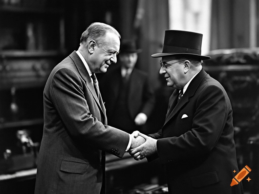 Two men in suits, one in a top hat, shake hands in a black and white photorealistic image.