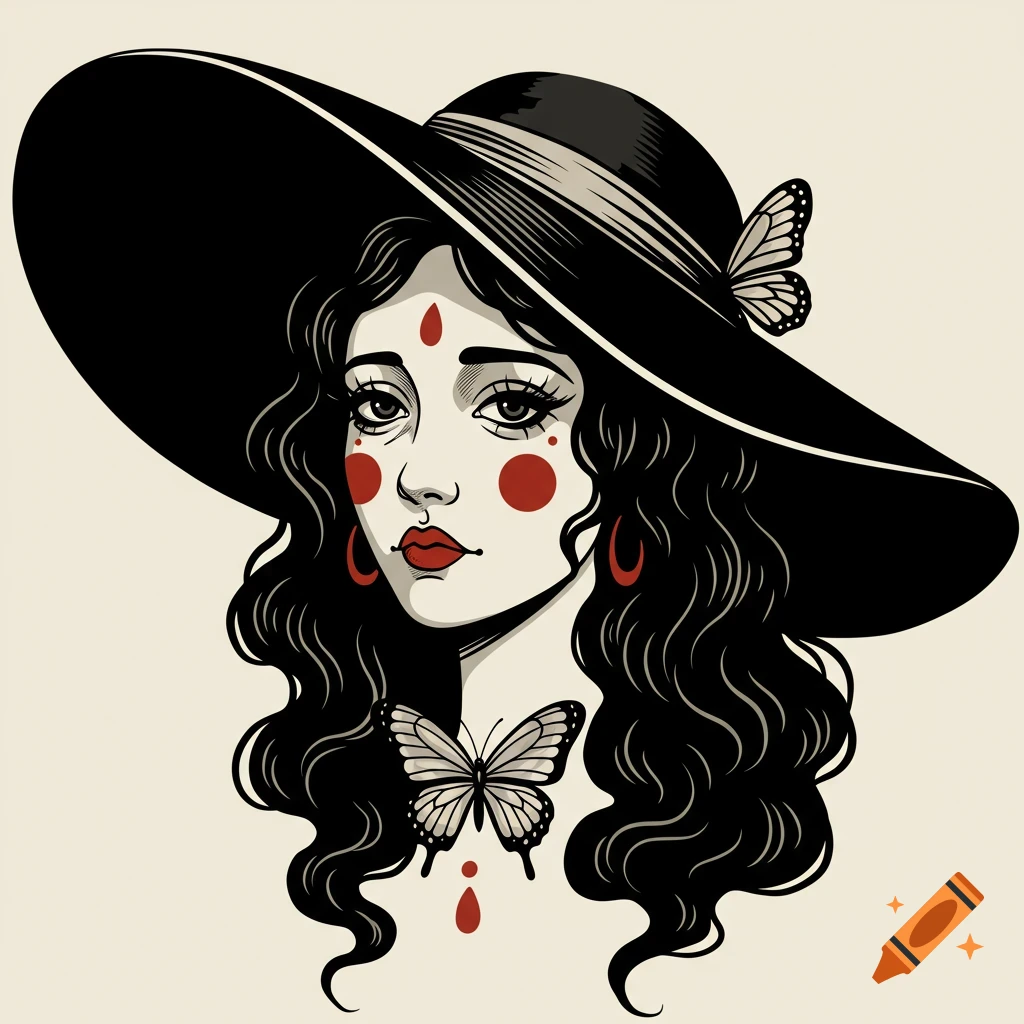 A vintage linework drawing of a woman with dark hair, a wide-brimmed black hat, red circles on her cheeks, and two butterflies.