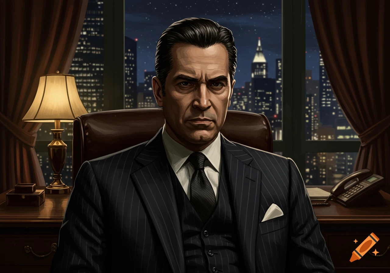A stern man in a pinstripe suit sits at a desk in an office overlooking a city skyline at night, digital painting.