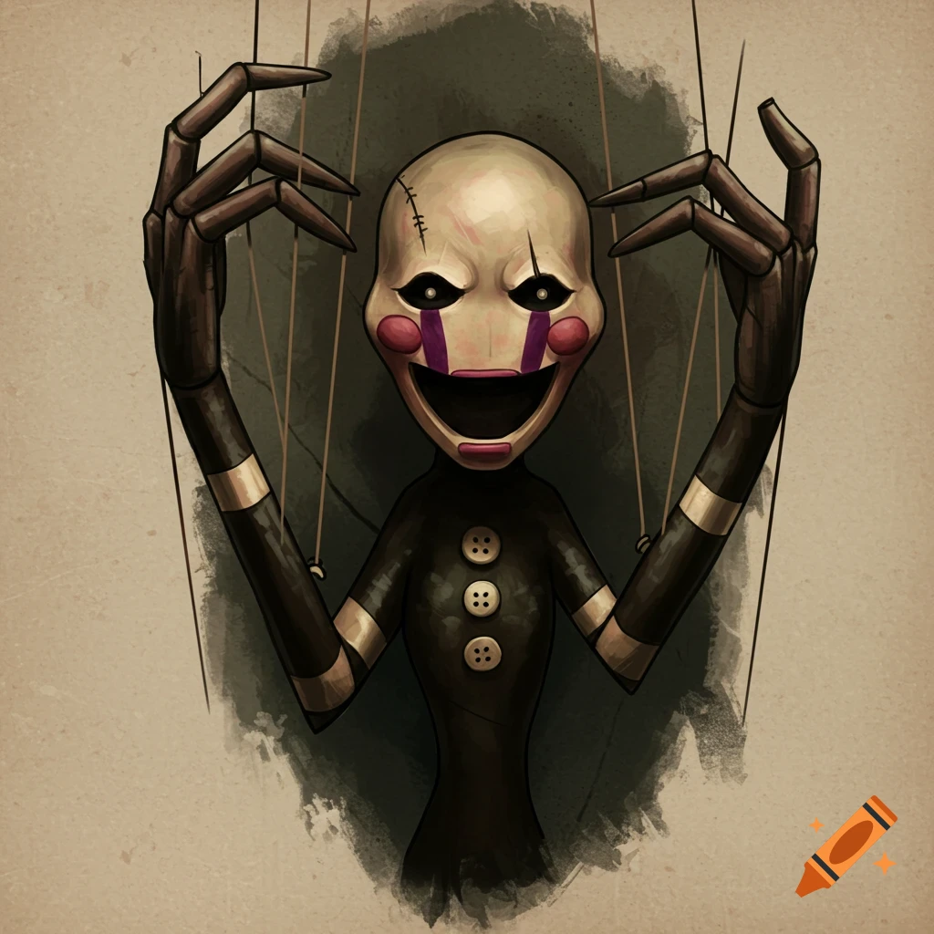 A creepy stylized illustration of a pale, wide-grinning marionette puppet with dark eyes, red cheeks, and purple stripes.