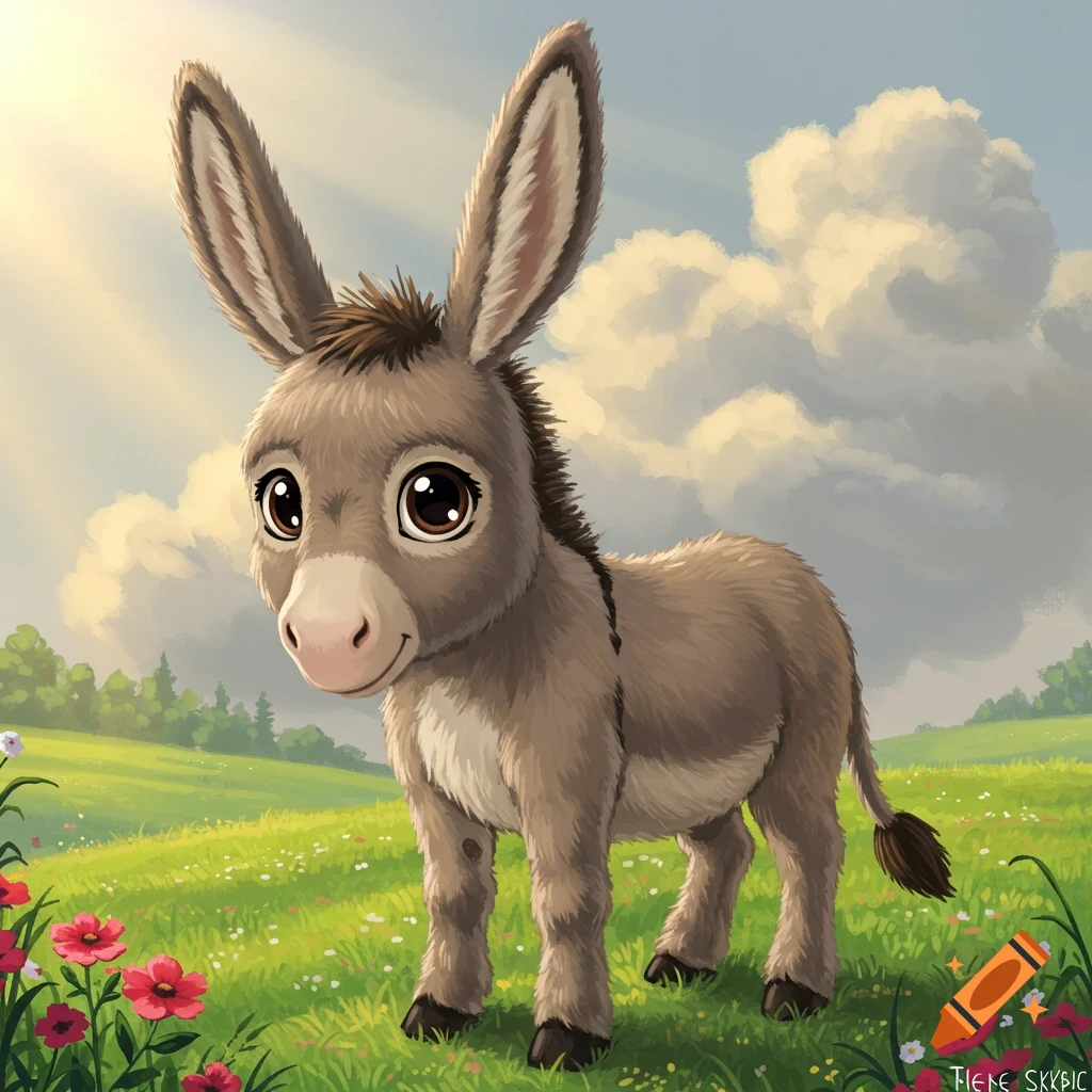 A cute, cartoon-style donkey with big eyes stands in a vibrant green field under a cloudy sky.