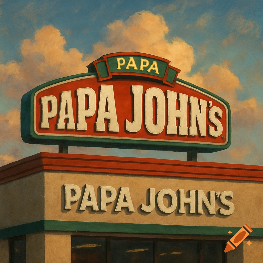 A painting of a Papa John's restaurant sign and facade under a cloudy sky.