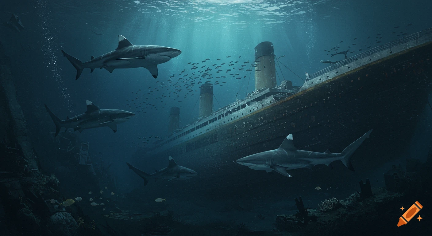 Photorealistic image of sharks swimming around the sunken Titanic shipwreck underwater.