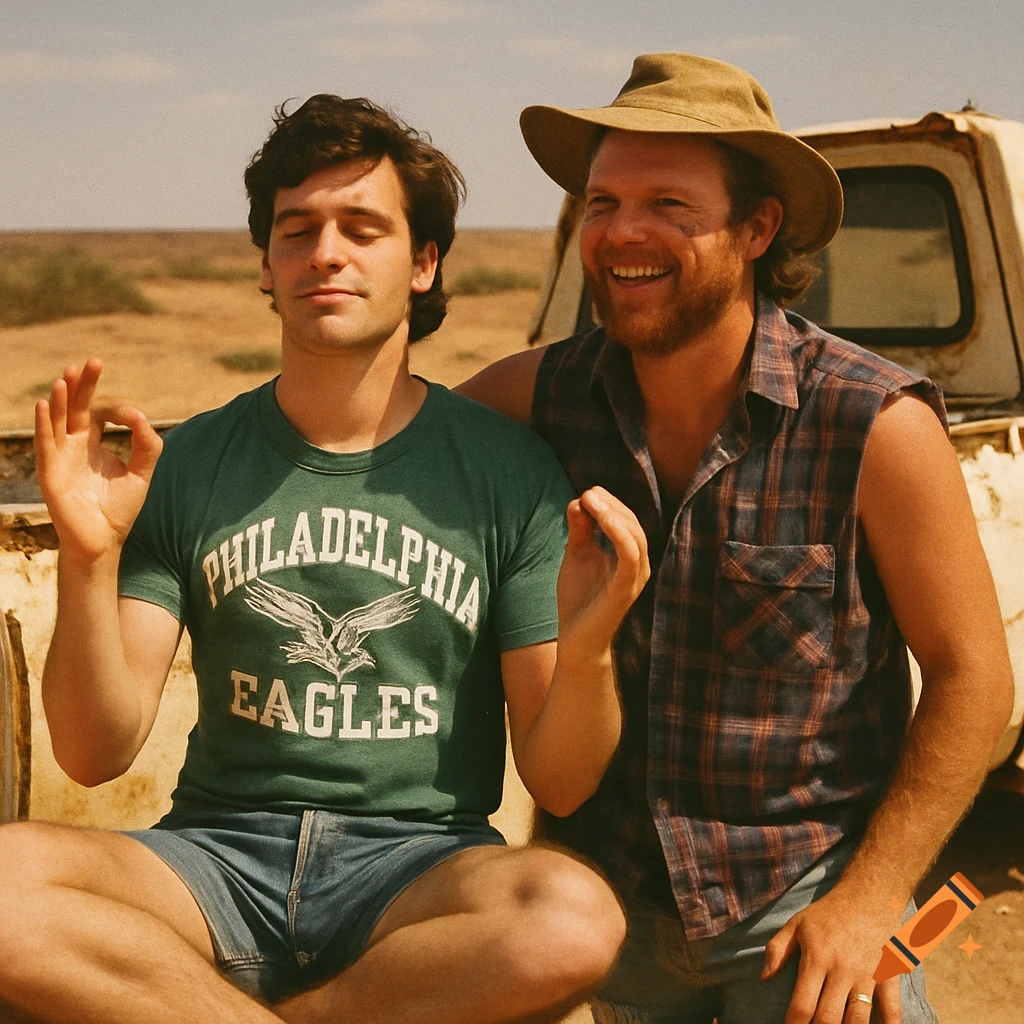 Two men in a desert, one meditating in a Philadelphia Eagles shirt, the other smiling in a plaid sleeveless shirt, next to a pickup truck.