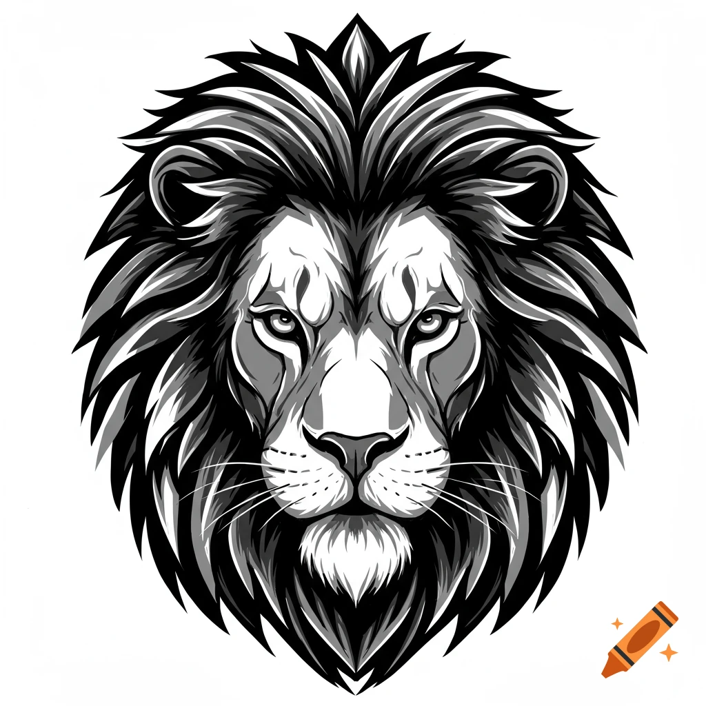 A black and white stylized vector illustration of a lion's head.