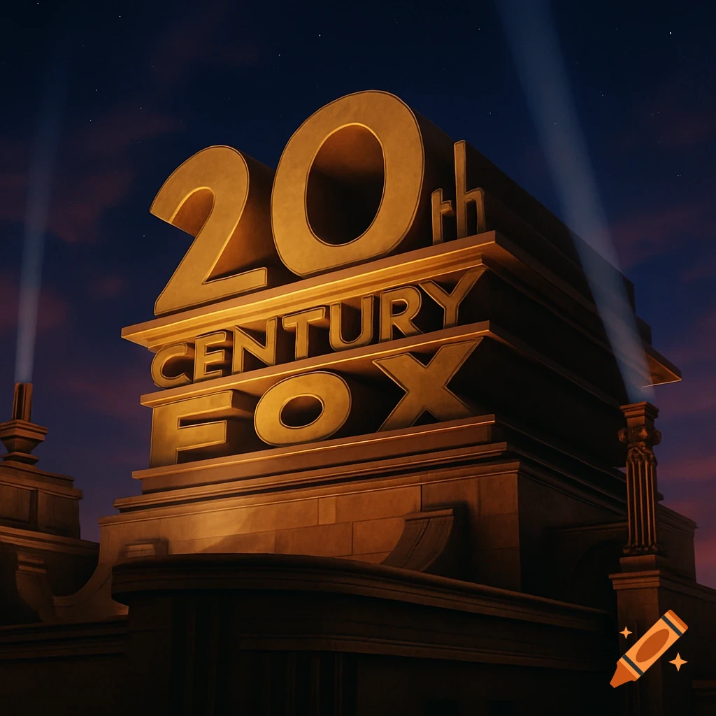 A 3D render of the golden 20th Century FOX logo atop a monumental structure against a dramatic twilight sky.