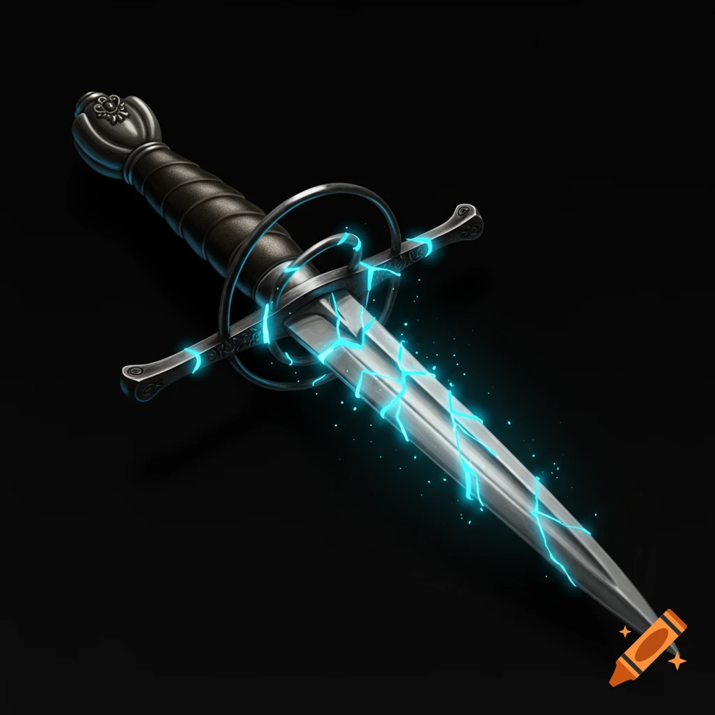 A detailed dark fantasy image of a rapier with its blade glowing with bright blue energy cracks.