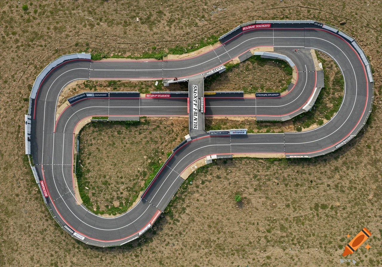 Aerial view of a custom-designed RC off-road racing track with multiple turns, a crossover bridge, and a dusty, arid landscape surrounding it.