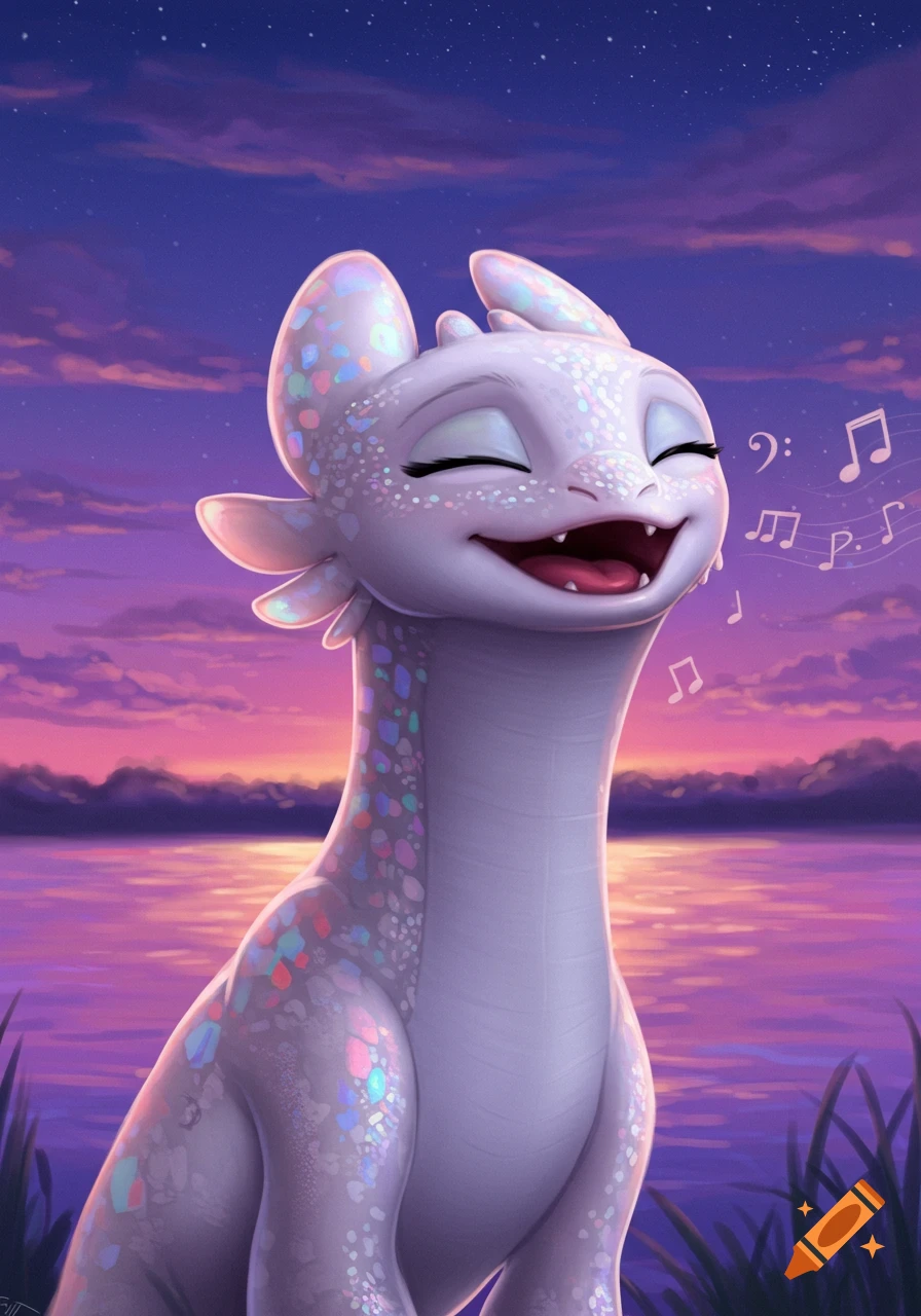 A white dragon, Light Fury, sings joyfully with closed eyes against a vibrant purple and orange sunset over water.