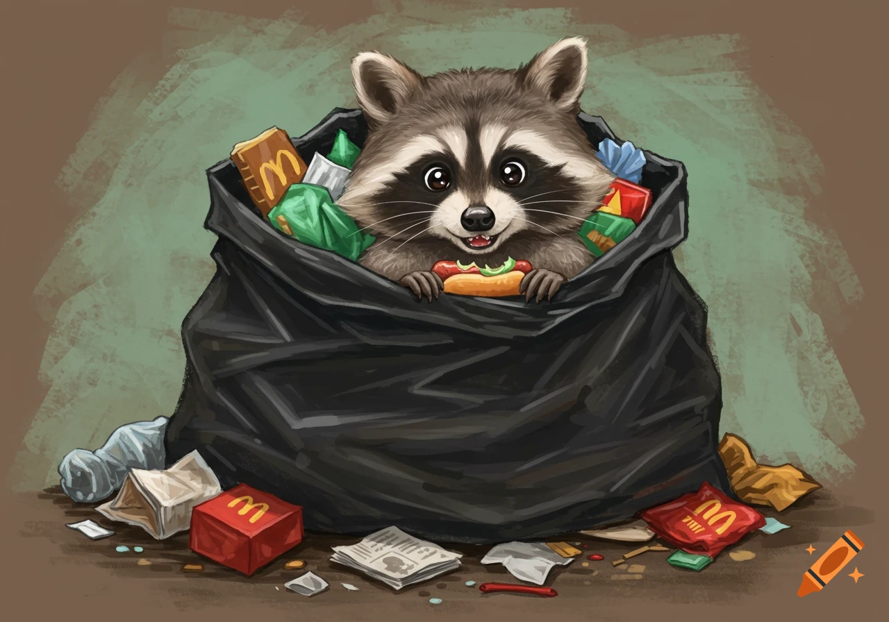 A cute cartoon raccoon smiles from inside a trash bag filled with fast food waste, holding a hot dog.