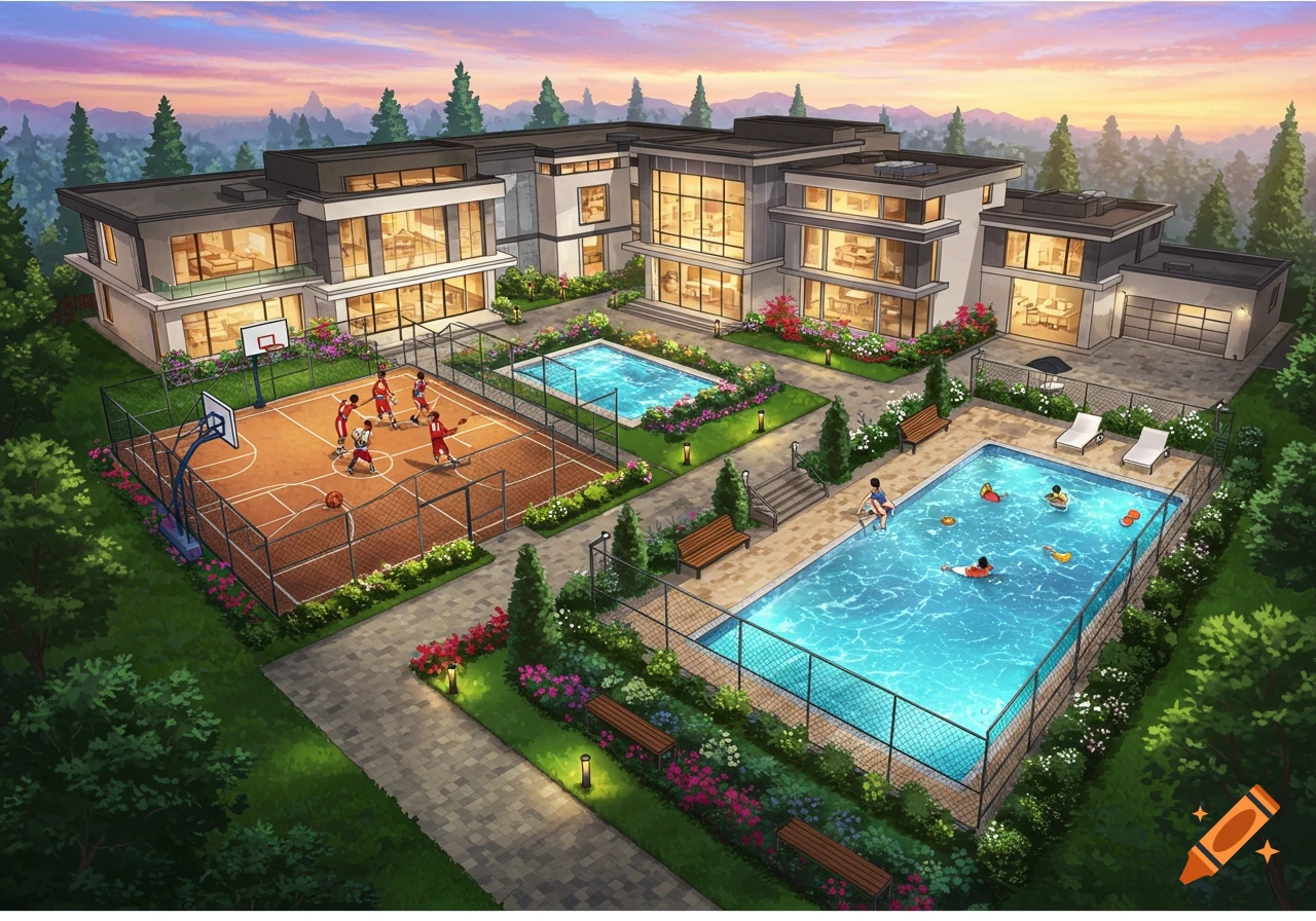 Aerial view of a large modern mansion with a basketball court, two swimming pools, and landscaped gardens surrounded by trees.