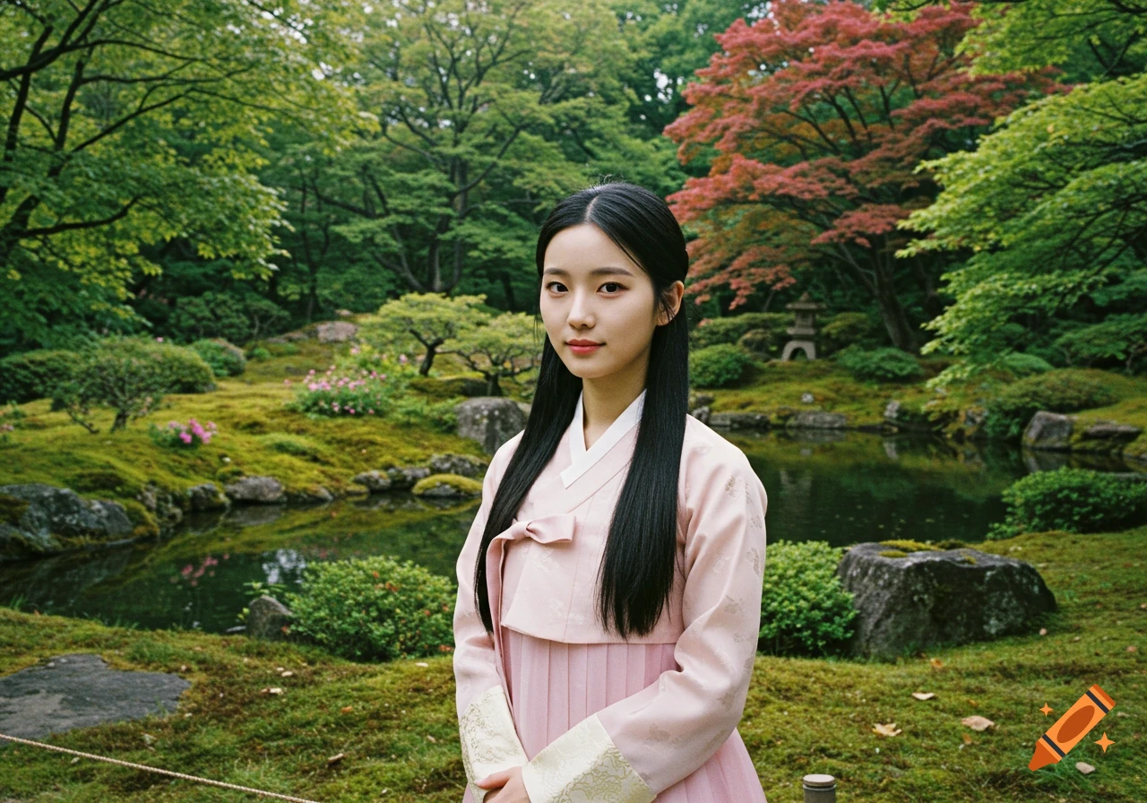 Young woman in a pink traditional Hanbok standing in a lush Asian garden with a pond and trees, photorealistic.