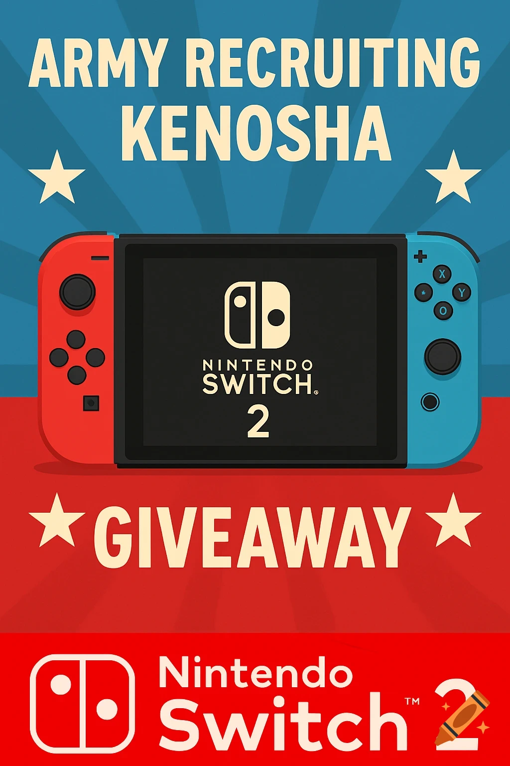 A stylized poster for Army Recruiting Kenosha featuring a Nintendo Switch console. Text reads 'ARMY RECRUITING KENOSHA', 'GIVEAWAY', and 'Nintendo Switch 2'.