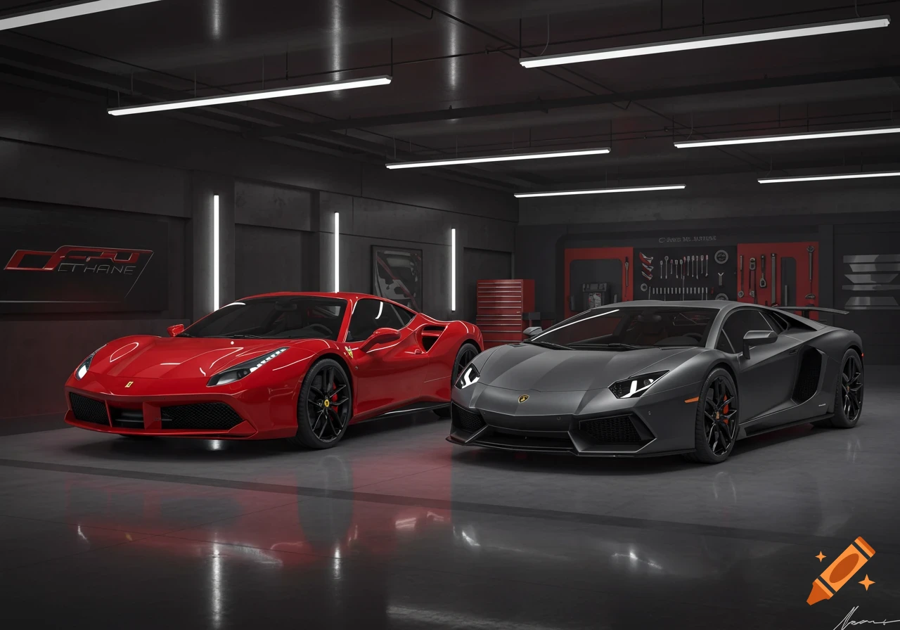 A red Ferrari and a grey Lamborghini are parked side-by-side in a sleek, modern garage with neon lighting.