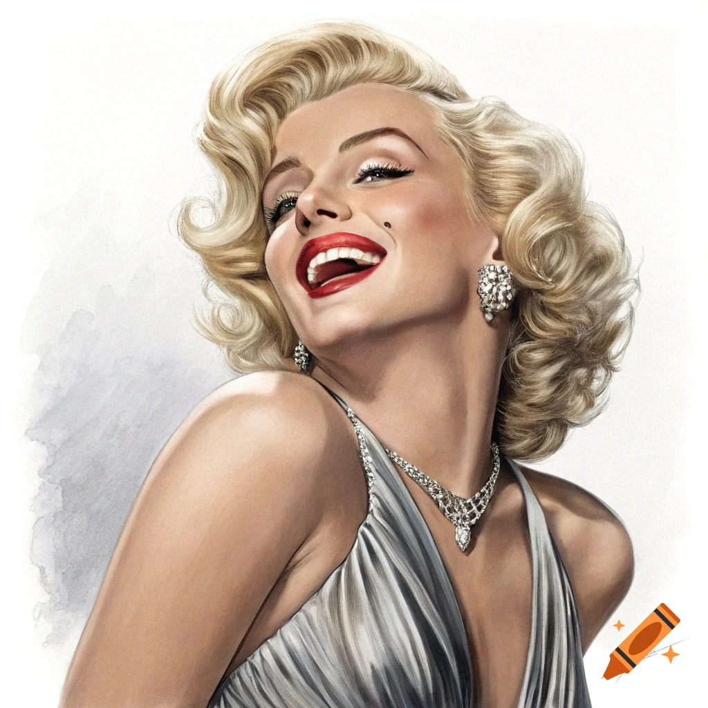 Close-up illustration of Marilyn Monroe smiling and laughing, wearing a silver gown and diamond earrings and necklace.