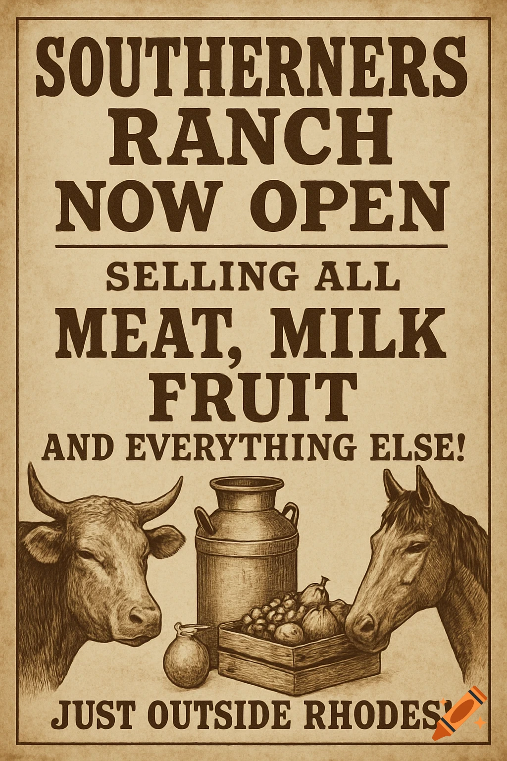 Vintage style ranch advertisement poster with a cow, horse, milk churn, and fruit. Text reads 'Southerners Ranch Now Open'.