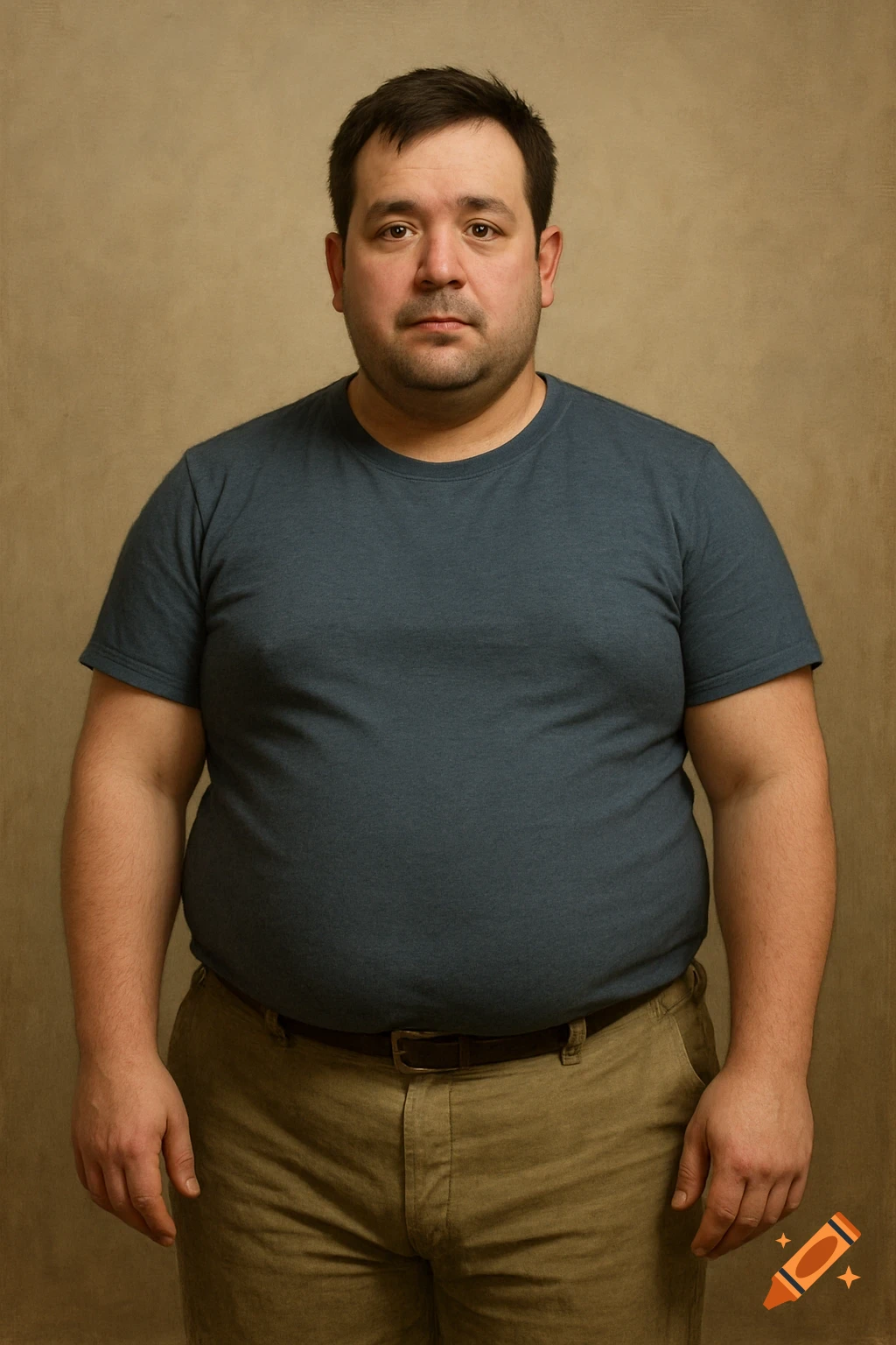A full-body studio portrait of a man wearing a dark t-shirt and khaki pants against a beige background.