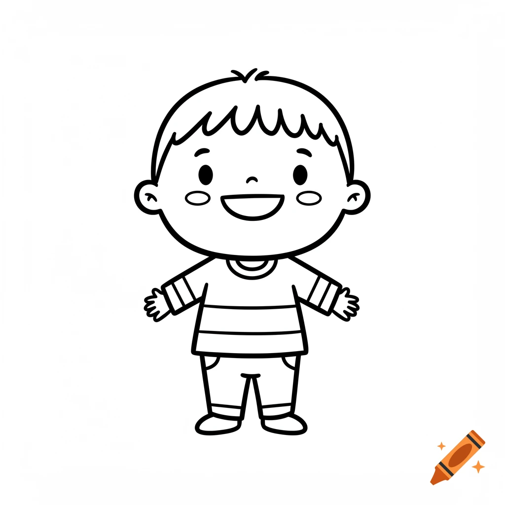Black and white line art of a happy, cute cartoon boy for a coloring page.