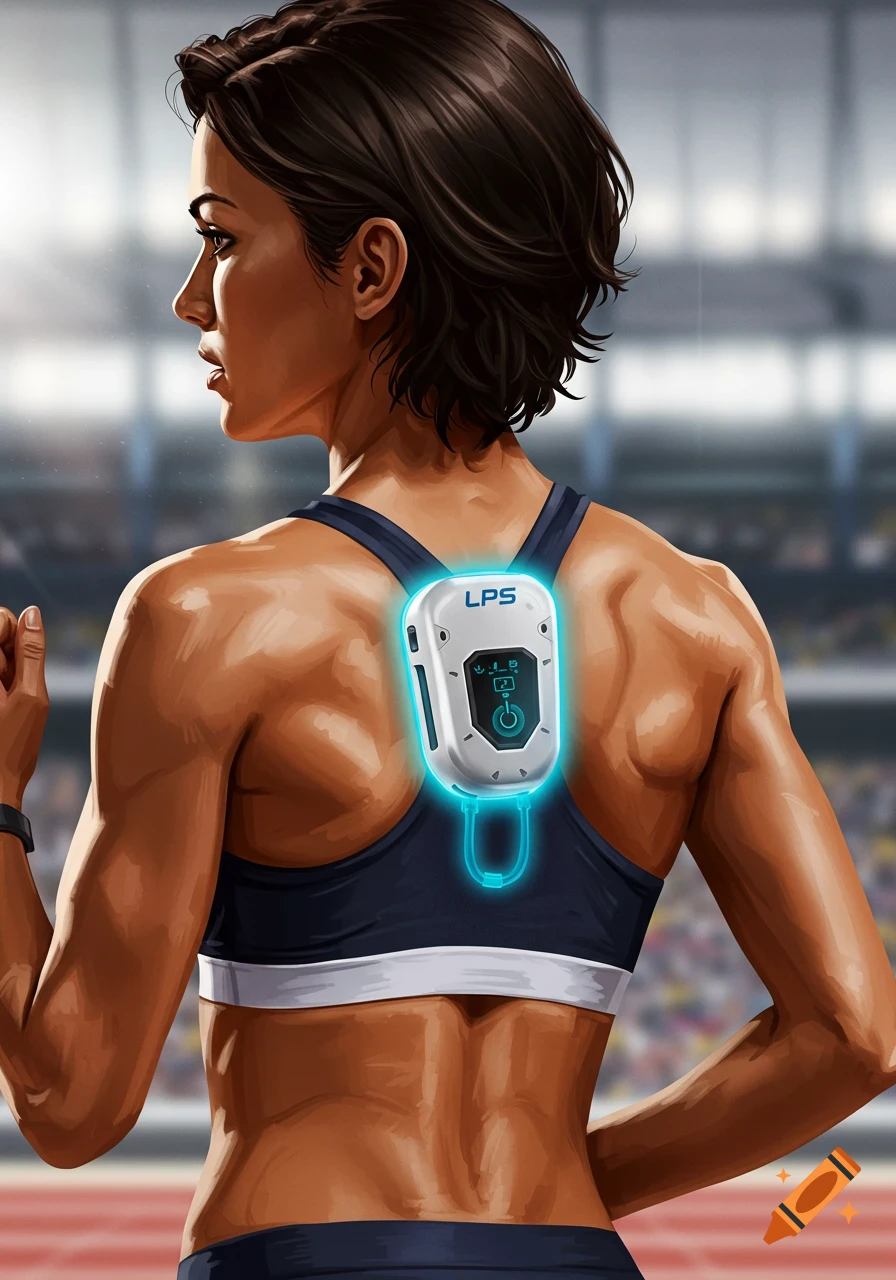 A female athlete wearing a sports bra and an illuminated LPS device on her back, viewed from behind at a stadium.