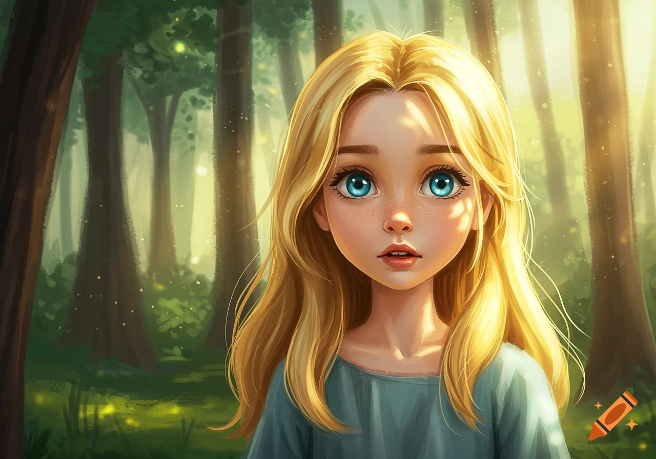 A wide-eyed blonde girl with blue eyes in a sunlit forest, in a digital art style.