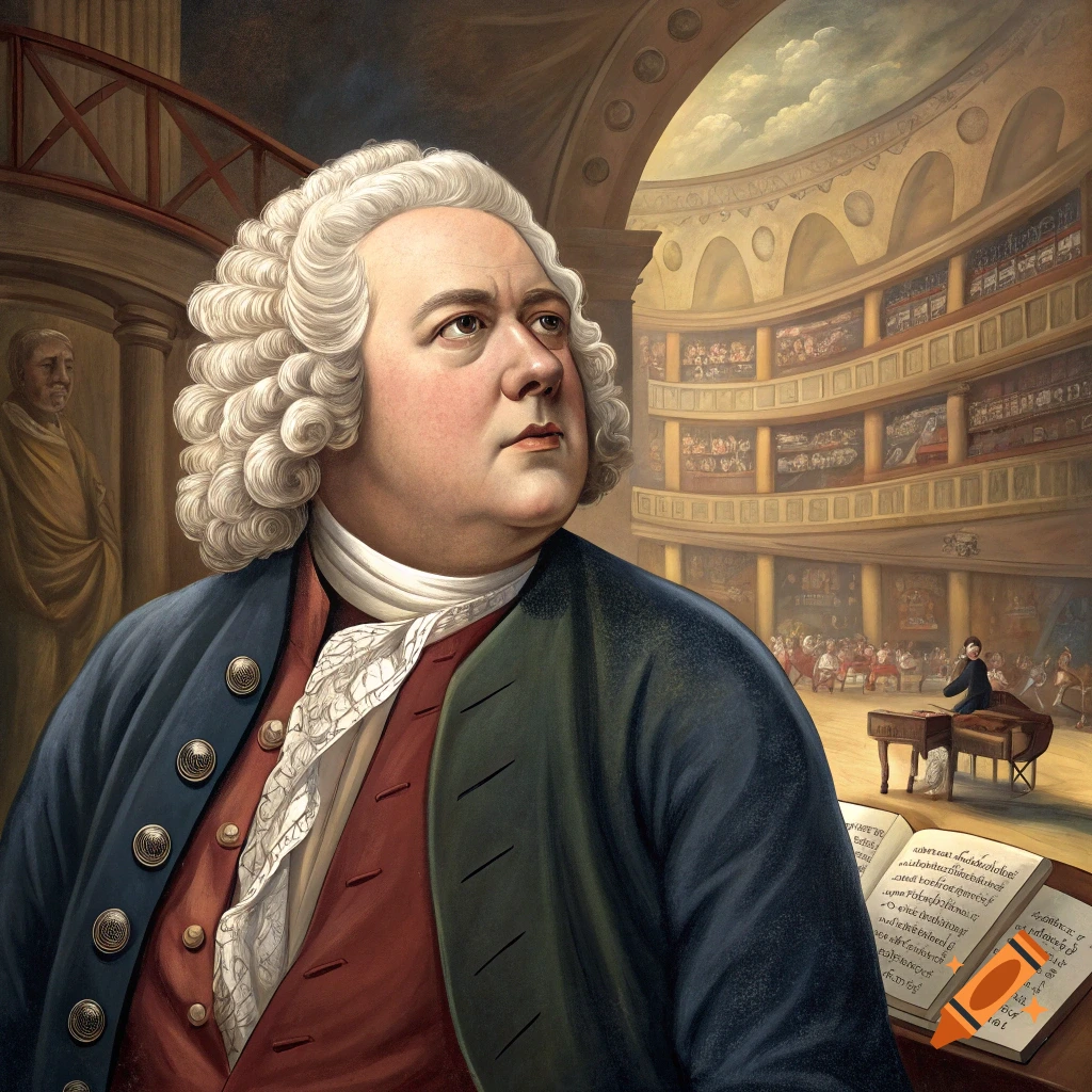 A portrait painting of a man in a white wig and period clothing, looking right, with a classical music hall and open score in the background.