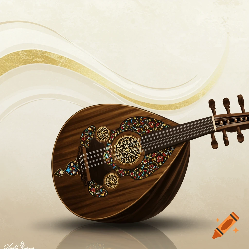 A richly decorated oud, a traditional Middle Eastern string instrument, against a subtle cream and gold background.