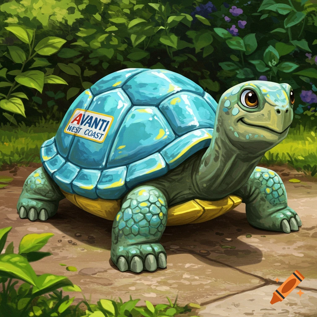 A cartoon tortoise with a blue shell walks on a stone path amidst green foliage. The shell has an 'AVANTI WEST COAST' label.