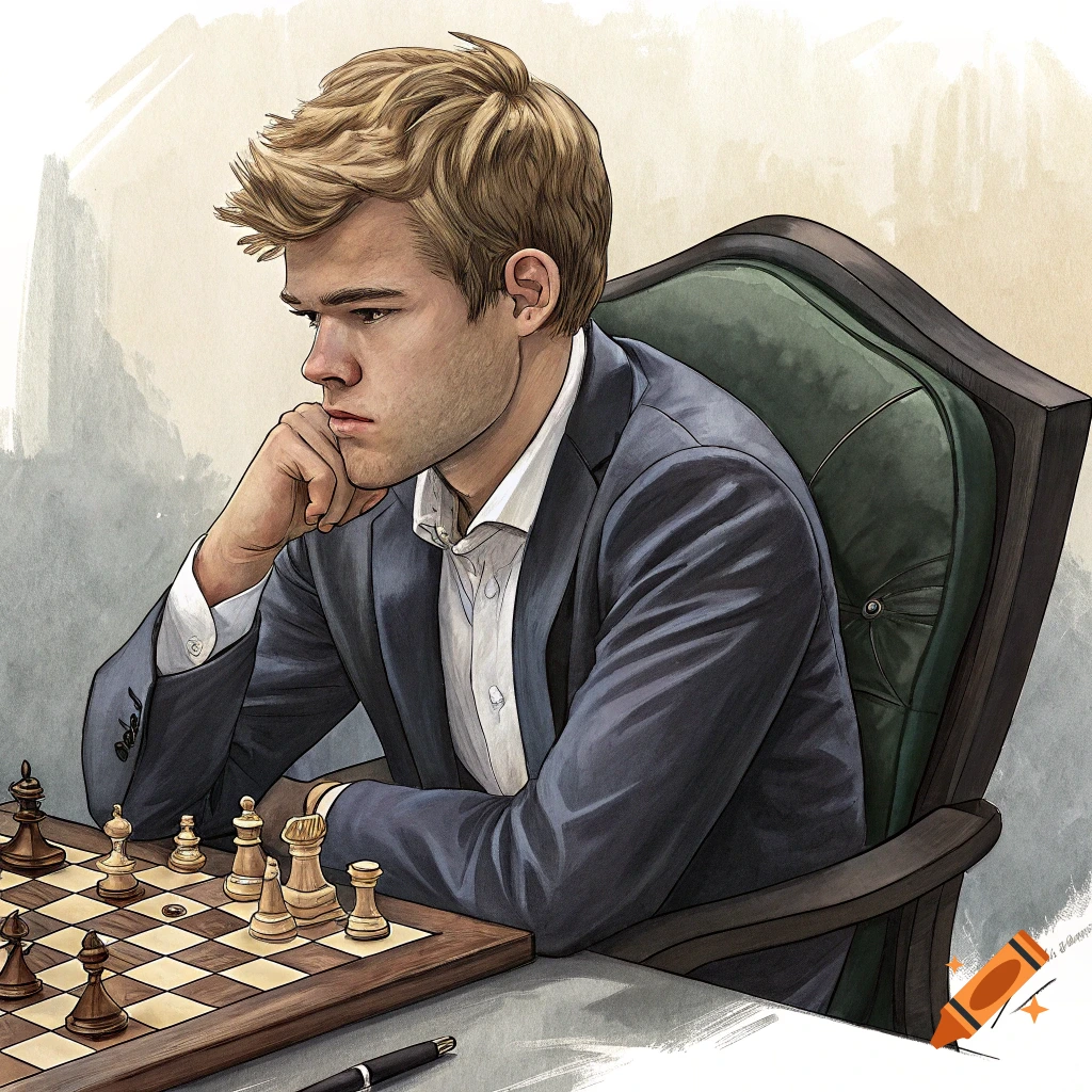 Illustration of Magnus Carlsen sitting at a chessboard, deep in thought, in a suit.