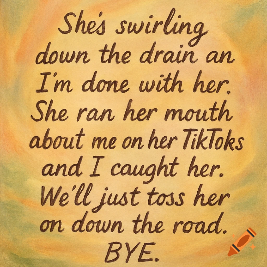 A quote in brown script font on a watercolor-like background of yellows, oranges, and greens. The text reads: She's swirling down the drain an I'm done with her. She ran her mouth about me on her TikToks and I caught her. We'll just toss her on down the road. BYE.