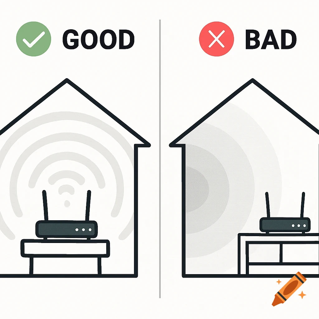 Diagram illustrating good versus bad Wi-Fi router placement in homes, with signal strength indicated.