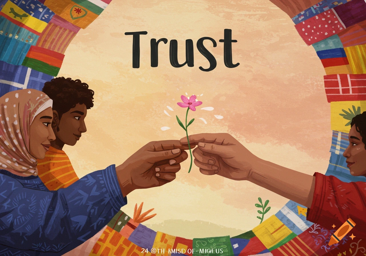 A colorful illustration depicts two hands exchanging a pink flower, surrounded by diverse people and a patchwork frame, with the word "Trust" above.