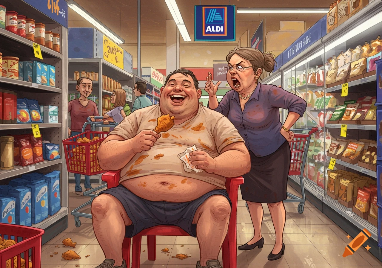 A very overweight man sits on a red chair in an Aldi grocery store, laughing while eating fried chicken. A woman stands over him, yelling angrily. Spilled chicken pieces are on the floor. The scene is depicted in a cartoon style.
