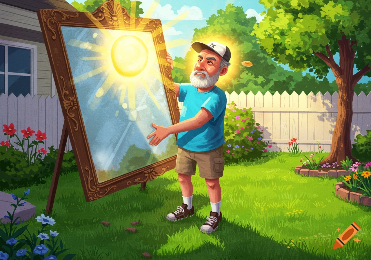A cartoon man with a white beard in a garden holds a large ornate mirror, reflecting the bright sun onto his green lawn.