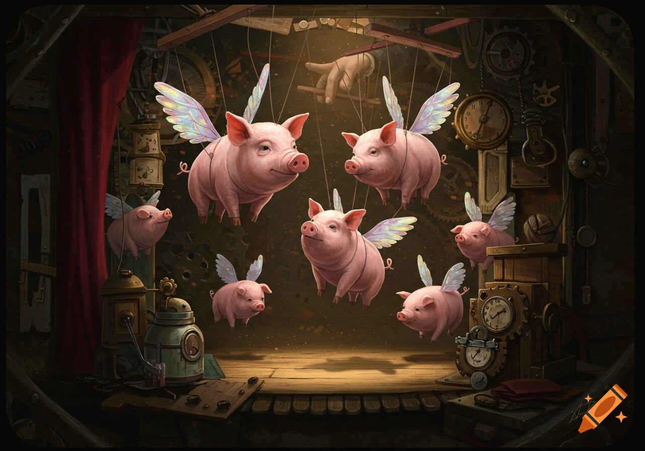 Seven winged pig puppets float on wires, controlled by a hand from above, in a whimsical steampunk setting.