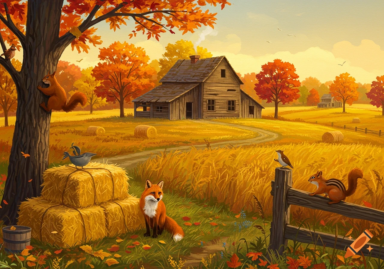 A vibrant autumn farm landscape with a rustic house, hay bales, and a fox, squirrels, and birds amidst colorful fall foliage.