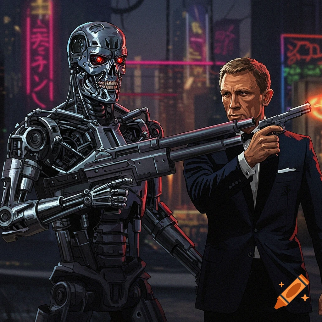 A stylized illustration of the Terminator robot and Daniel Craig's James Bond holding guns in a neon-lit cyberpunk city.